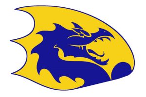 The Cameron High School logo: a gold D with the blue dragon on the inside