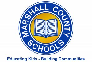 Marshall County Schools gold and blue logo with a book in the center.