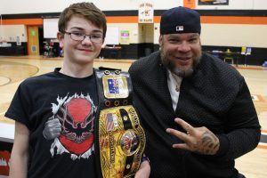 Seventh grader Jeremy Allen got to meet Tyrus and hold the NWA Worlds Heavyweight title, also known as the 10 pounds of gold, after the assembly at Moundsville Middle School Tuesday morning.