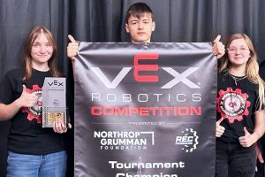Pictured from left: Sherrard Middle School students Sophie Cunningham, Knox Wilson and Lilly Bergen captured the state title on Saturday at the West Virginia VEX Robotics Competition, presented by the Northrop Grumman Foundation and the REC Foundation.