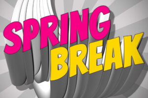 The words Spring (in purple) Break (in yellow) over top of a gray background