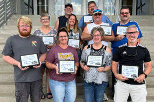 Pictured are the Marshall County Schools Transportation Department’s 2024 Road-E-O Winners. Front row from left: Doug Williams, Emily Hickman, Ashley Becker and Wayne Nulph. Middle row: Julie Hawkins, Britta Hill, Chuck McClure, and Wilson Barnes. Back row: Mark Miller and Dan Gouldsberry.